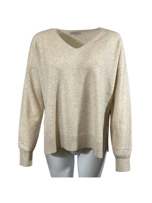 WOMEN'S V-NECK SWEATER ASYMMETRICAL CUT WITH SIDE SLITS BEIGE ESSENTIEL STUDIO | LMD040BEIGE